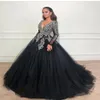 Dubai Arabic Black Evening Gown Prom Dresses V Neck Long Sleeves Sequined Beads Lace Applique Sweet 16 Dresses Quinceanera Dresses251a