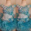 Cupcake Kids Pageant Vestidos para niñas pequeñas Baby Beaded Organza Cute Kids Short Prom Gowns Infant Light Blue Crystal Birthday Pa238F