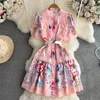 Basic Casual Dresses Pink Floral Printed Short Dress With Belt Summer Women Round Collar Single-breasted Short Sleeve Ladies A-line Dress Vestidos 2023