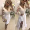 White Lace Evening Dresses With Detachable Train Appliques Pearls Illusion Long Sleeves Formal Party Prom Gowns Knee Length Short 2962