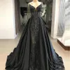 Chic 2019 robes de soirée en dentelle de sirène noire avec train détachable robes de bal perlées en satin pailleté, plus la taille appliquée formelle D218S