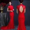 Luxo Renda Vermelha Seda Magro Vestidos Chinês Longo Cheongsam Vestido Vermelho Melhorado Gola Alta Sem Costas Vestidos de Noiva de Noiva Sereia Styl191J