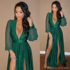 2018 Pas Cher Vert Foncé Robes De Soirée En Mousseline De Soie Sexy Col En V Profond Côté Haute Fente Split Robe De Bal Manches Longues Cocktail Party Gowns313D