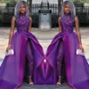 Sexy Purple Evening Dresses Blingbling Lace Beading Illusion Long Prom Gowns Satin Overskirts Black African Long Jumpsuits264y