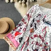 Basic Casual Jurken 2023 Zomer Fashion Runway Sily Korte Jurk Dames O-hals Lange Flare Mouwen Cartoon Bloemenprint Elegant Party Mini Vestidos