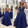 Sexy 2020 Navy Blue Evening Dresses Sheer Deep V Neck Lace Appliqued Beaded Pearls Tulle Prom Dress Illusion Back Formal Evening G2347