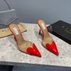 Designer Glitter Crystal Heart Toes pontiagudos Vestido High Love Sxey Heart Mula em sandálias Mulheres de alta qualidade Sandálias