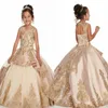 Champagne Girls Pageant Dresses 2020 Beaded Crystals Appliced ​​Long Ruched Toddler Corset Flower Girl Dresses Formal Prom Party DR239W