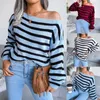 Women's Sweaters Autumn Sweater Slash Neck Off Shoulder Loose Striped Ladies Winter Knitted Pullover Tops For Women 2023