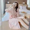 Roupa de dormir feminina manga comprida robe de algodão quimono faixa elegante roupão de banho feminino roupa de noite para mulheres 2023 robes vestidos a12