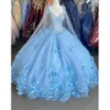 Bahama Blue 3D Flowers Quinceanera Dresses With Wrap Crystal Beaded Dress Evening Gowns Classic Sweetheart Lace-up Sweet 16 Dress 222s