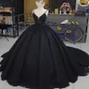 2021 Black Gothic Lace Wedding Dresses Gorgeous Princess Ball Gown Puff Bridal Gowns Applique Beading Spaghetti Straps Marriage Dr336u