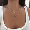 Choker koreansk version av Love Shape Pearl Necklace Double-Deck Metal Collar For Women Stailnless Steel Girls Party Jewelry