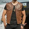 Men's Vests Vintage Brown Motorcycle Vests Men Zipper Pockets Leather Jacket All-match Sleeveless Men's Riding Vest Motor Biker Jackets 230721