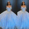 2021 Sexig ljusblå quinceanera klänningar spaghettirem silver spetsar applikationer kristallpärlade illusion paljetter söt 16 plus size262e