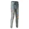 Heren jeans licht indigo streewewear mode geschilderd slank fit schade gat en kleurrijke graffiti verontruste magere stretch gescheurd