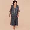 Plus Size Grau Spitze Tee Länge Mutter der Braut Kleider Mit Jacke Braut Mutter Hochzeit Party Kleid Formale vestido de renda310w