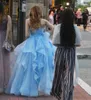 New Sparking Glitter Organza Ruffles Ball Gown Girls Sweet 16 Dresses V Neck Spaghetti Straps Light Blue Quinceanera Dress Baby Blue Formal Long Pageant Dresses 2023
