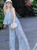 Kvinnors tvåbitar byxor Sweet Tie Dye Holiday Beach 2023 Sommarkvinnor Set Vintage Fashion Printing Strap Blus Long Wide Let 2 Pieces