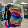 Multi-Color Cocktail NYE Dress 2023 Long Puff Sleeve Rainbow Sequins Lady Formal Event Party Gown One-Shoulder Short Club Night Ou205U