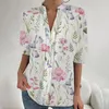 Camicette da donna 2023 Colletto alla coreana Camicie con stampa digitale semplice Scollo a V Mezza manica Camicetta da donna allentata Casual Elegante Top da donna vintage