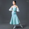 Vêtements de scène filles robe de danse de salon manches bouffantes body jupe bleue enfants valse Costume compétition NV18185