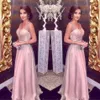 2019 arabo elegante abiti da sera rosa cipria lungo A-Line cinghie sexy scollo a V maggiore perline Prom Party Red Carpet Dress Girls Page2537