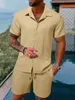 Men's Tracksuits 2023 Fashion Summer Style Casual Solid Color Stripe Suit Male HighQuality Cotton and Linen TwoPiece Set US Size 230721