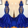 Royal Blue Mermaid Robes de bal 2019 Halter Lace Appliqued Magnifique jupe florale 3D Prom Party Robes de soirée pour les filles noires BC121283b