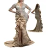 Plus Size Gold Sequins sjöjungfrun Prom -klänningar Eleganta långa ärmar Kvällsklänningar från axelkvinnor Billiga High Split Formal Dress 20189g