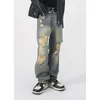 Men's Jeans Retro Old Washed Yellowed Scratched Ripped High Street Loose Straight Trousers