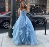 New Sparking Glitter Organza Ruffles Ball Gown Girls Sweet 16 Dresses V Neck Spaghetti Straps Light Blue Quinceanera Dress Baby Blue Formal Long Pageant Dresses 2023