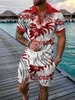 Herrspårar Summer Polo Shirt 2 Piece Short Sleeve Fashion Leaf Printing Lapel Zipper Tracksuit Male Retro Design Jogger Clothing