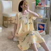 Women's Sleepwear Orange Print Pajamas Womens Nightgown Korean Style Lace Night Dress Summer Sleep Nightwear Bow Short Sleeve Home Wears