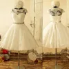Années 1950 Vintage thé longueur dentelle robe de mariée mancherons perles ceinture courte une ligne courte robes de mariée taille personnalisée239S