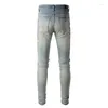 Heren jeans licht indigo streewewear mode geschilderd slank fit schade gat en kleurrijke graffiti verontruste magere stretch gescheurd