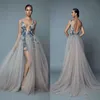 Sexy Berta High Slit Silver Prom Dresses Bohemian Style Backless Straps With Navy Lace Beaded Long formal Evening Gowns Fitted Coc236Z