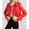 Skórzanie damskie oryginalny płaszcz motocyklowy dla kobiet Spring Big Red Lambskin Short Overcoat Podwójna kurtka owiec