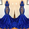 Royal Blue Mermaid Robes de bal 2019 Halter Lace Appliqued Magnifique jupe florale 3D Prom Party Robes de soirée pour les filles noires BC121283b