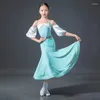 Stage Wear Girls Ballroom Dance Dress Maniche a sbuffo Body Gonna blu Costume da valzer per bambini Concorso NV18185