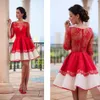 short cocktail dresses red half sleeves homecoming dresses full lace sheer jewel neck evening party dresses see through back BA060251u