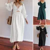 Lässige Kleider, einfarbiges Kleid, plissiert, Midi, elegant, für Damen, Dating, Party, aushöhlen, V-Ausschnitt, hohe Taille, A-Linie, mittellang