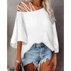 Kvinnors blusar Autumn Women Cold Shoulder Bell Sleeve Top Fashion Lady Overdimased Casual Three Quarters Lace-Up Blouse Street Wear Clothing