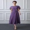 Vestidos de mãe da noiva com comprimento de chá roxo com wraps elegantes em chiffon madre de los vestidos de novia278q