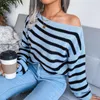 Women's Sweaters Autumn Sweater Slash Neck Off Shoulder Loose Striped Ladies Winter Knitted Pullover Tops For Women 2023