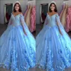 Light Blue New Sweet 16 Abiti Abiti da ballo Fiori fatti a mano Applique di perline Abiti da Quinceanera Abito con impacchi Prom Pageant280N