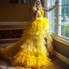 Fashion Yellow High Low Side Split Prom Dresses Deep V Neck Backless Ruffles Tier Tulle Skirt Pageant Dress Sweep Train Evening Pa217s