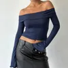 Kvinnors T-skjortor Y2K Vintage Off Shoulder Crop Tops Korean Fashion Long Sleeve Slim Fit Blause Tee Elegant Backless T-shirt Women Club