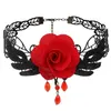 Choker Red Lace Flower Necklaces Vintage Crystal Pendant Necklace Punk Chain Accessories For Women And Girls