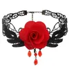 Choker Rouge Dentelle Fleur Colliers Vintage Cristal Pendentif Collier Punk Chaîne Accessoires Pour Femmes Et Filles